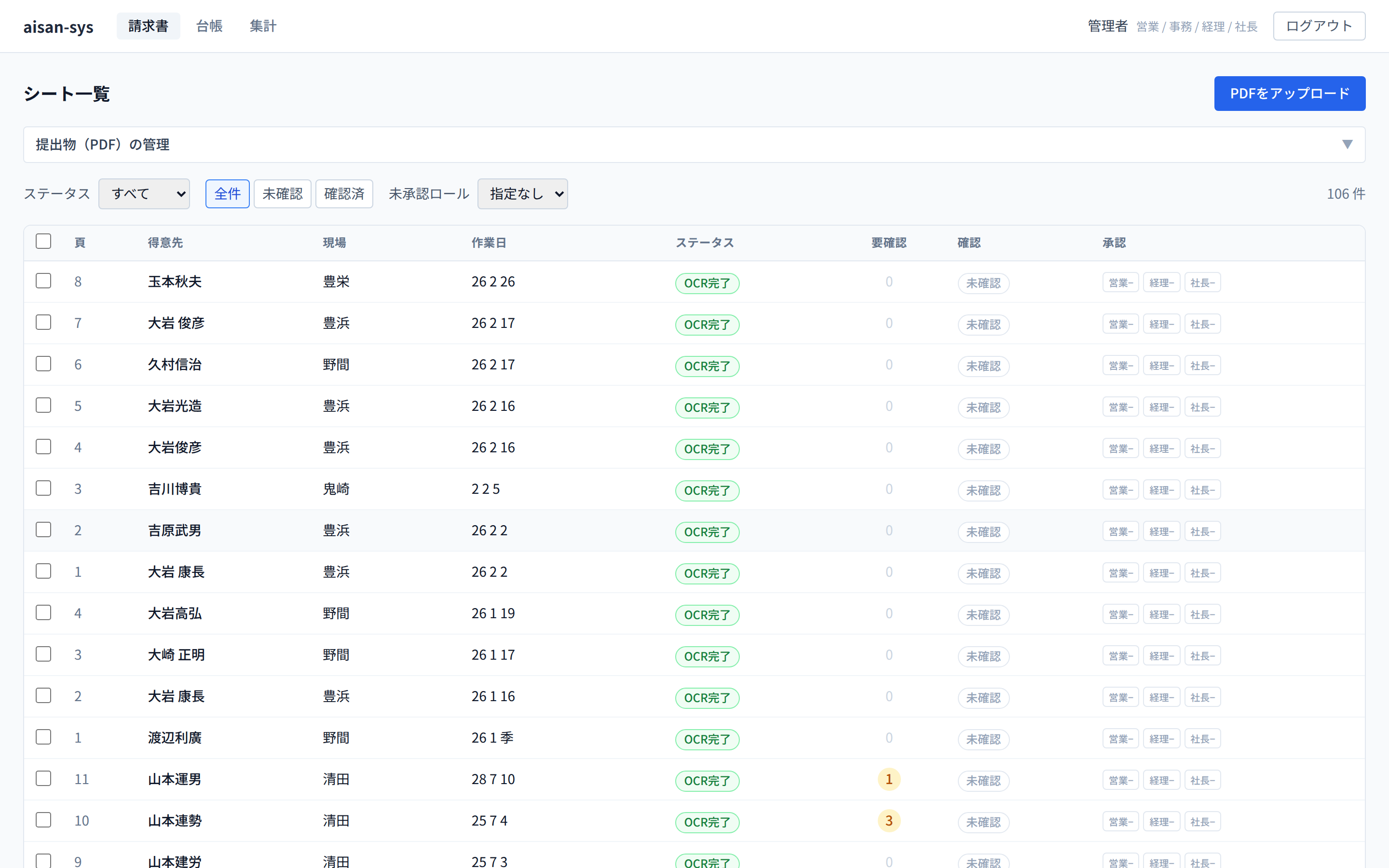 請求書一覧 — 取り込んだ請求書が読み取り状況とともに並びます