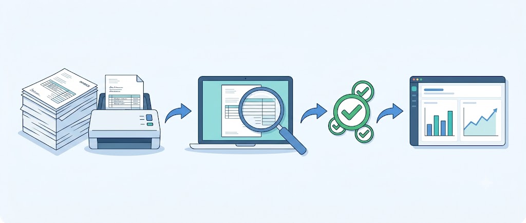 スキャン → コンピュータが読み取り → 確認・承認 → 一覧・集計で見える化