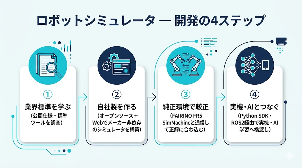 ロボットシミュレータ 開発の 4 ステップ:①業界標準を学ぶ ②自社製を作る ③純正環境(FAIRINO FR5 SimMachine)で較正 ④実機・AI とつなぐ