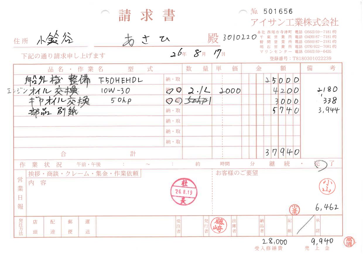 事務処理後の伝票。合計と原価、得意先コードが書き足されている