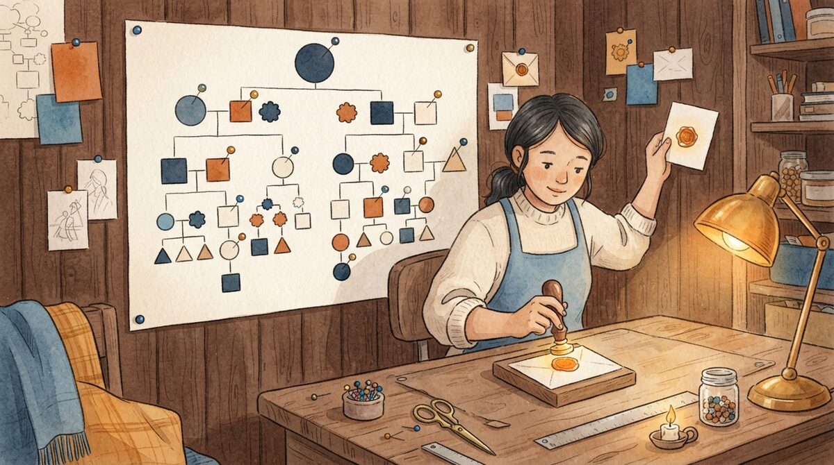 製図室の壁に部品の構成図（親から子へ枝分かれする図形）が貼られ、職人が新しいカードに封蝋のような判を押してから、その判が押されたカードを構成図に留めようとしている様子