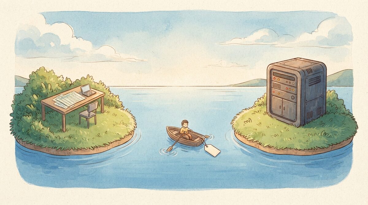 水で隔てられた2つの島。左の島には書類とノートPCが載る机、右の島には古い大型コンピュータの塔が立つ。橋はなく、小舟に乗った人が値札のようなタグを1枚だけ運んで渡っている。
