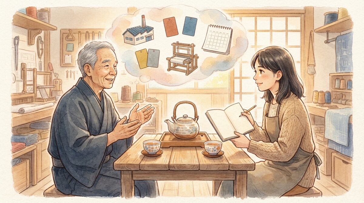 湯呑みを挟んで向かい合う年配の職人と聞き手。職人の頭上には、工場や機械、カンバン、カレンダーの記憶がやわらかい雲のように浮かび、聞き手は開いたノートを手に静かに耳を傾けている水彩風のイラスト