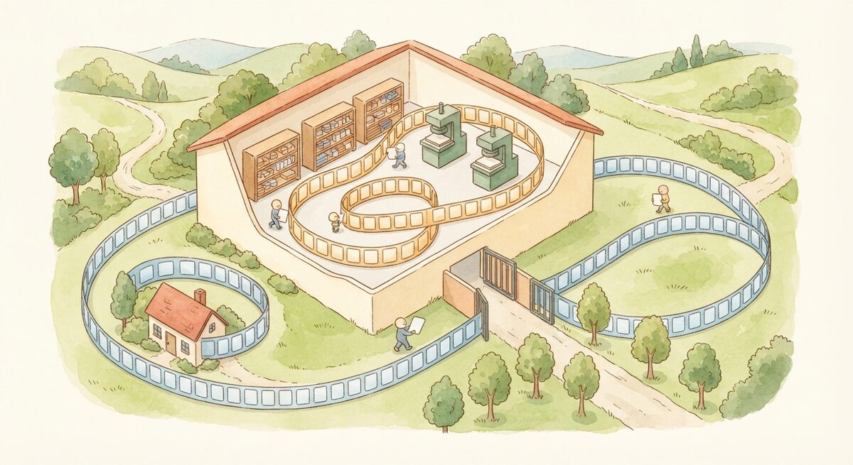 工場を俯瞰した絵本風のイラスト。青いリボンの輪が門を出て得意先の建物を回って戻り、琥珀色のリボンの輪が工場内の棚とプレス機の間だけを回っている