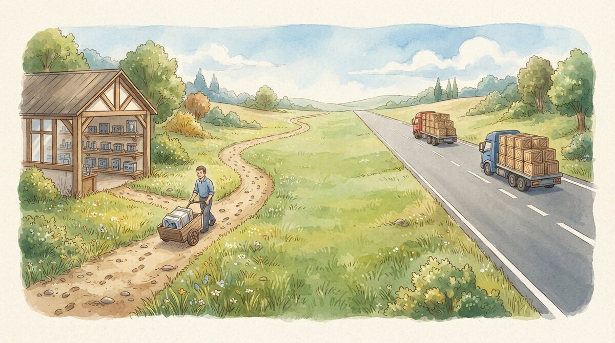 細く曲がりくねった一本道を職人が手押し車で試作部品を運び、脇の作業小屋には金型が棚に並ぶ。一方、離れた場所の広い舗装道路をトラックが同じ部品の箱を山積みで走る、決して交わらない2本の道