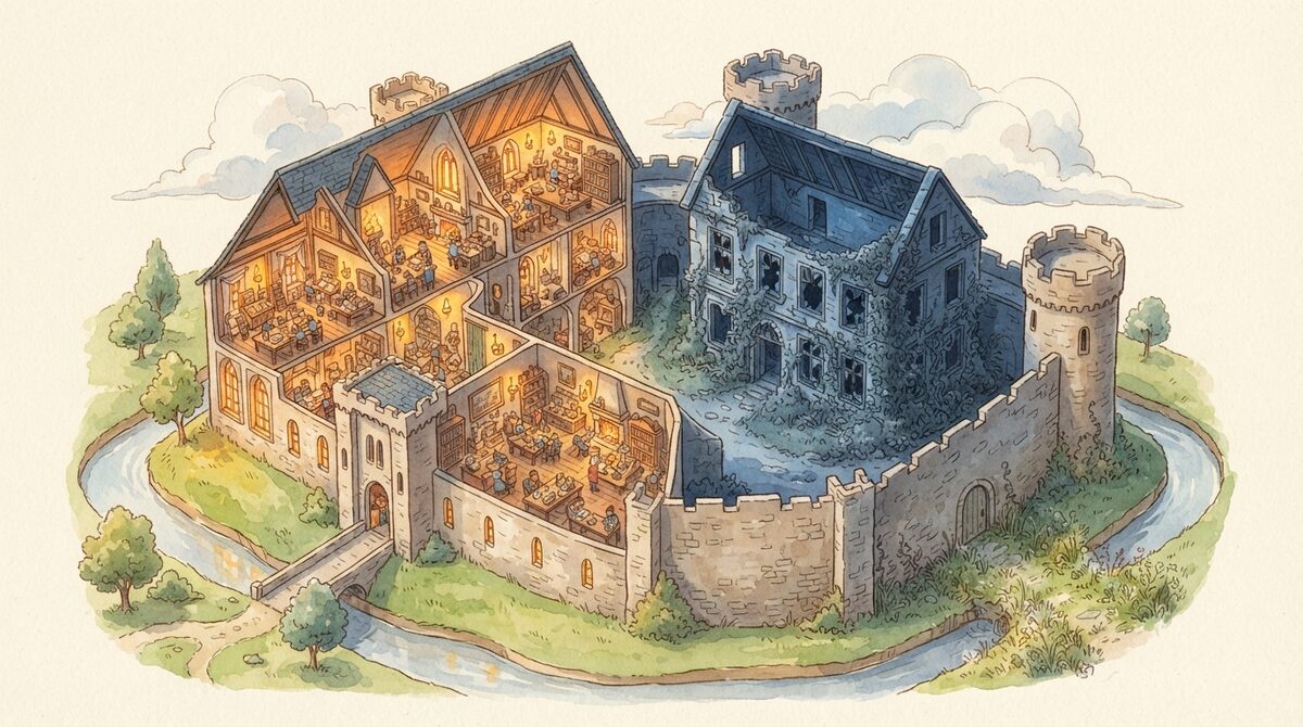 古い城を上から見た見取り図風のイラスト。片側の棟は明かりが灯り大勢の人が働いているが、反対側の棟は蔦に覆われ暗く使われていない。城壁の中には草に埋もれた小さな隠し扉が一つだけ、かすかな小道とともにひっそりと存在している