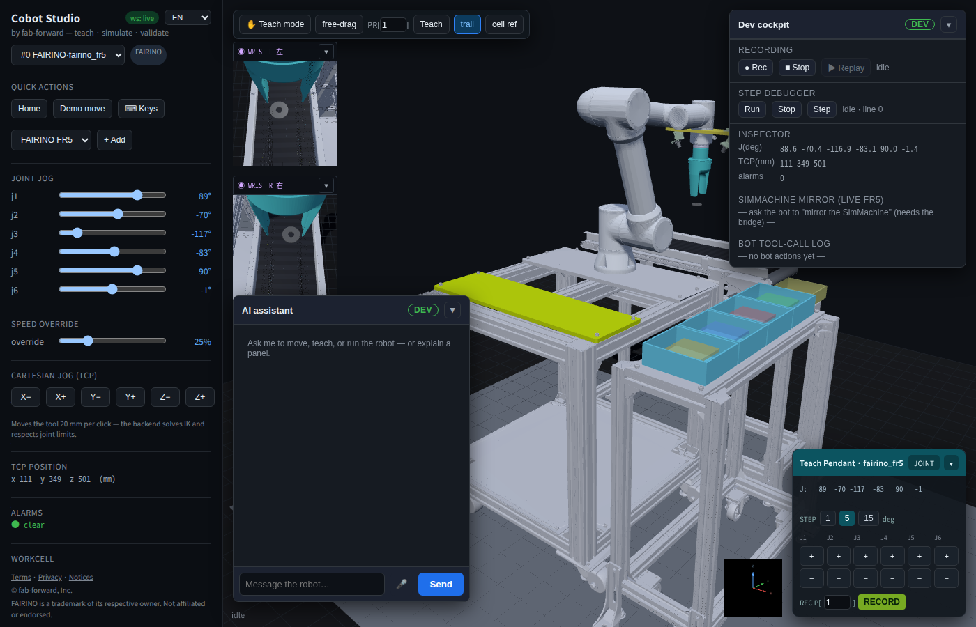 Cell-Sort v3 開発コックピット — 実セルCAD上のFR5ロボットと2つの手首カメラのライブ映像、仕分けトレイ