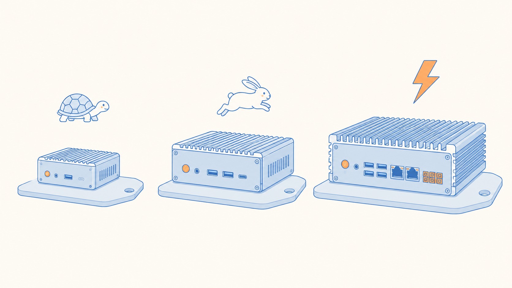 頭脳となるパソコンの、判断スピードの違いのイメージ(カメ・ウサギ・稲妻)