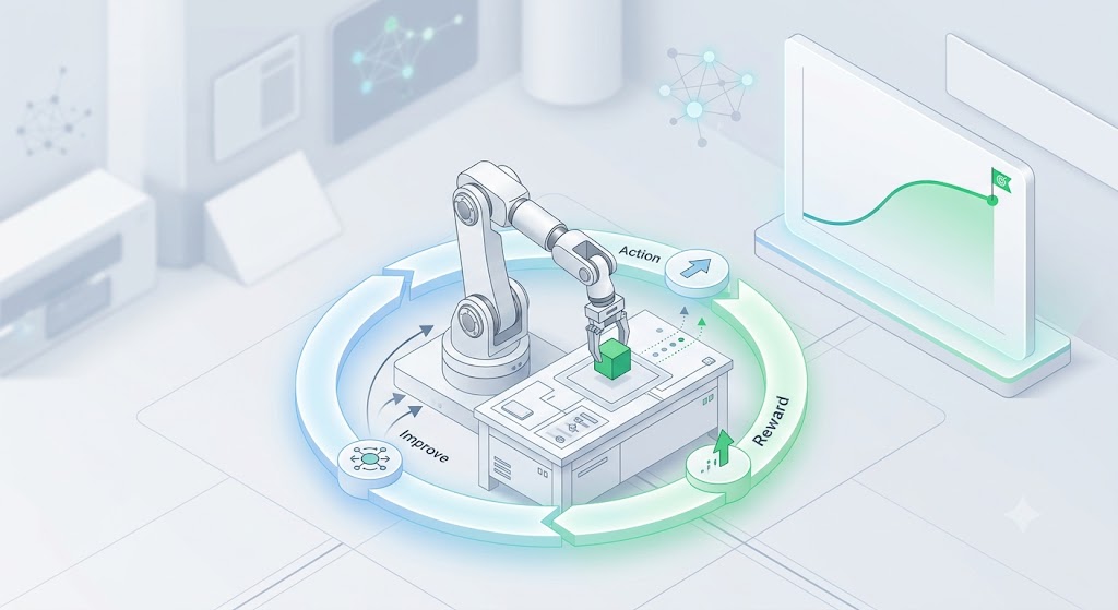 ロボットが報酬ループと上昇する性能曲線で学習する概念図