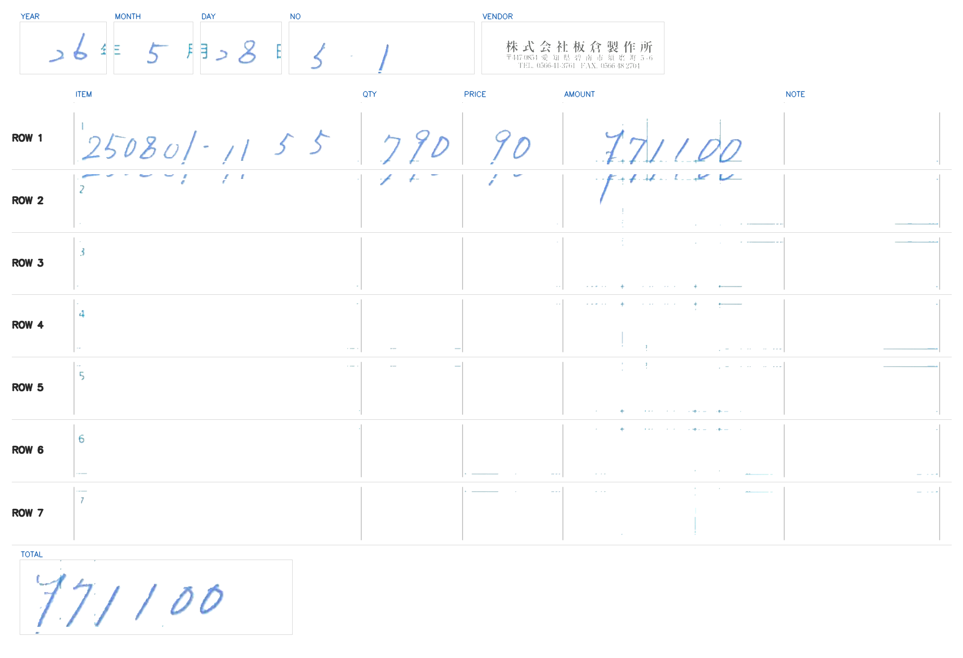 日付・伝票番号・各行をラベル付きで分解して並べ直した、AIが読むための合成画像